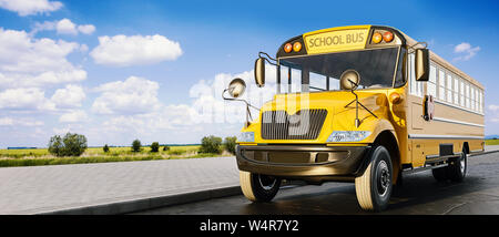 School bus driving on the road, concept of going back to school, beautiful sunny day, 3d rendering Stock Photo