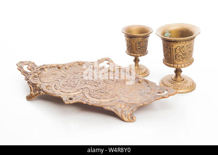 Arabic antique cups with tray solated on white background Stock Photo
