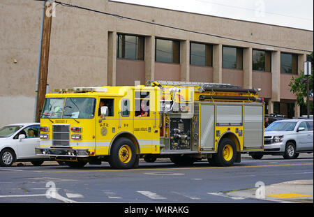 MAUI, HI -5 APR 2018- View of a yellow firetruck in Kihei on the Hawaiian island of Maui, Hawaii. Stock Photo