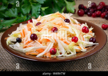 Cabbage salad with cranberries on ceramic plate, close up view Stock Photo