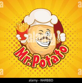 Mr. potato chef with french fries inviting to delicious snack. Smiled character with hipster hairstyle, thumb up and fast food on sunburst halftone ba Stock Vector
