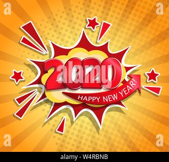 2020 New Year Comic Boom card in retro pop art style on sunburst background.Christmas comic text speech bubble.Halftone vector banner, greetings card, Stock Vector