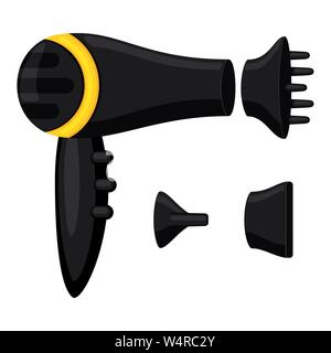 Cartoon black hairdryer with nozzles set Stock Vector