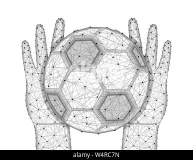 Hands and soccer ball low poly design, football, sports game in polygonal style, catch or throw the ball wireframe vector illustration made from point Stock Vector