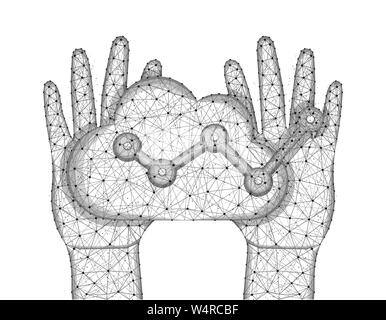 Human hands and cloud analytics low poly design, football, data analysis in polygonal style, graph wireframe vector illustration made from points and Stock Vector