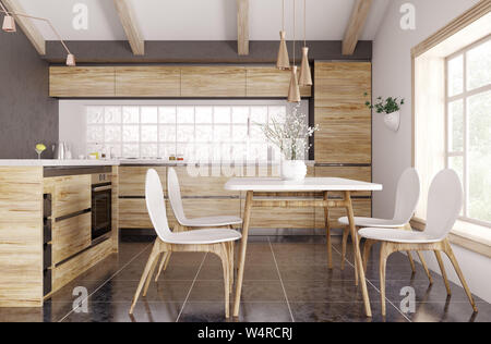 Modern interior of wooden kitchen with window, yellow and white table and chairs 3d rendering Stock Photo