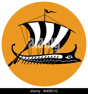 Stylized black and white version of an ancient Greek ship in a colored background. Stock Photo