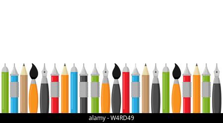 vector border of multicolored writing  accessories: pens, pencils, brushes, isolated on thite background with space for your text Stock Vector