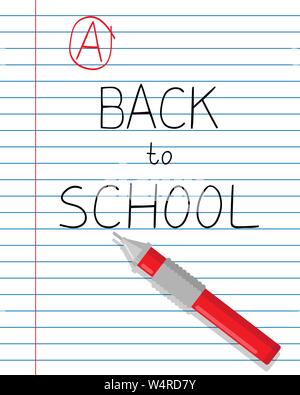 sheet of notebook whith the slogan "back to school", pen and excellent mark, vector background in flat cartoon style Stock Vector