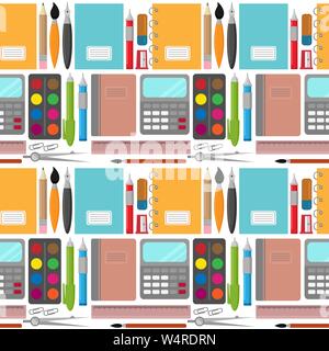 vector seamless pattern with different stationery: notebooks, pens, pencils, rulers, paints, brushes and clips Stock Vector