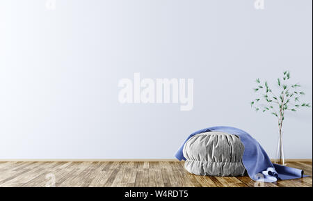 Modern interior background of living room with grey pouf and blue plaid on it 3d rendering Stock Photo