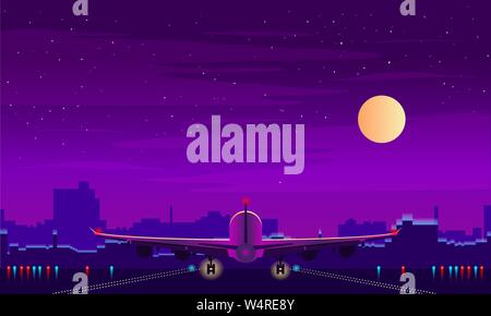 Vector background of night airport with takeoff of the plane in ...