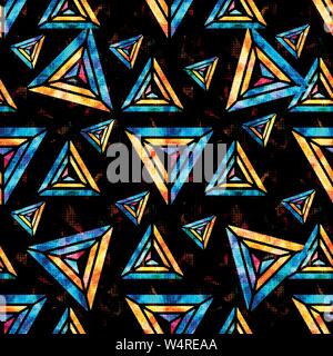 bright psychedelic polygons on a black background abstract geometric seamless pattern Stock Vector