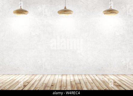 Interior background of a room with three wooden lamps over concrete wall, wooden floor 3d rendering Stock Photo
