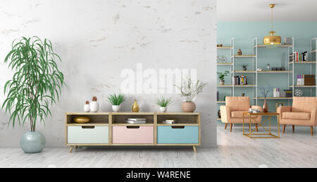 Modern interior of living room with wooden cabinet and armchairs 3d rendering Stock Photo