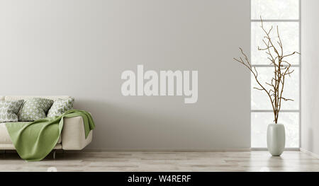 Interior background, living room with sofa, vase with branch and window 3d rendering Stock Photo