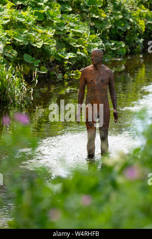 Antony Gormley '6 Times' 'Right' sculpture in the Water of Leith in Edinburgh, Scotland, UK. comprising six life-size figures, positioned between the Stock Photo
