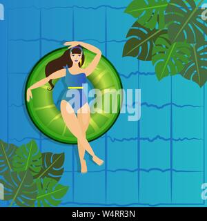 Young woman sunbathing on ring in pool. Vector illustration of young model floating on water with big cocktail. Pool party invitation template, summer Stock Vector