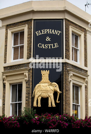 London, United Kingdom, 17th July 2019, Elephant and Castle Sign on a pub in  in central london Stock Photo