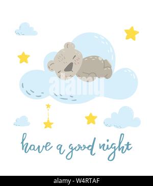 Cute sleeping bear on the cloud cartoon flat vector illustration for kids. Perfect for t-shirt print, nursery textile, kids wear fashion design, baby shower invitation card. Stock Vector