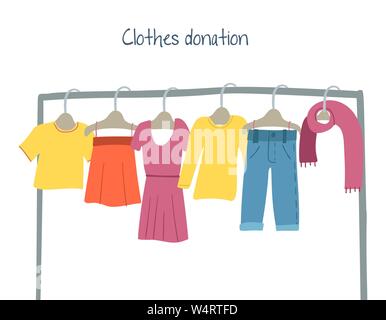 Modern flat vector illustration with clothes hangers.Clothes donation Stock Vector