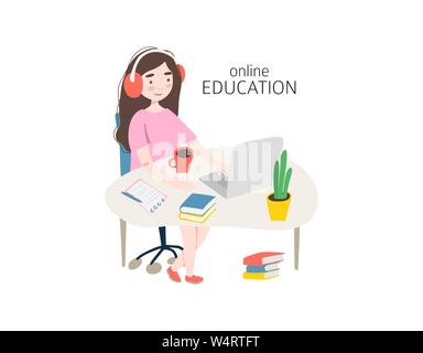 Student in learning process. Flat illustration of woman studying online at his workplace, using his laptop. Vector template with work table, books, lamp, etc Stock Vector