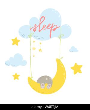Cute sleeping bear on a moon swing cartoon flat vector illustration for kids. Lettering sleep. Perfect for t-shirt print, nursery textile, kids wear fashion design, baby shower invitation card. Stock Vector