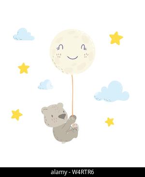 Cute bear is flying in a moon balloon cartoon flat vector illustration for kids. Perfect for t-shirt print, nursery textile, kids wear fashion design, baby shower invitation card. Stock Vector