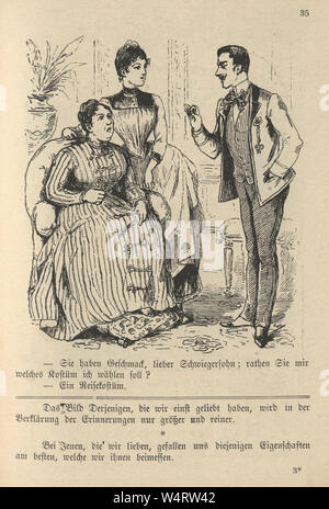 Vintage German cartoon of man talking to a mature woman and her daughter 19th Century Stock Photo