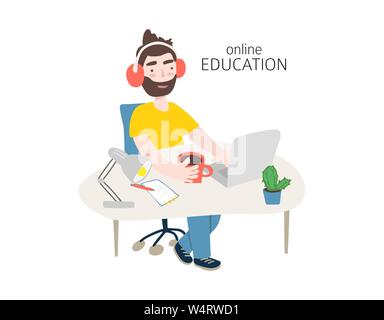 Student in learning process. Flat illustration of man studying online at his workplace, using his laptop. Vector template with work table, books, lamp, etc Stock Vector
