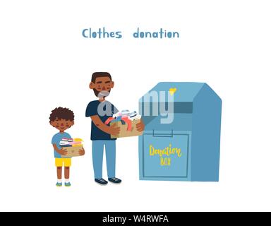 Modern flat vector illustration. Father and son holding cardboard boxes with clothing for donation or recycling and clothing container. Stock Vector
