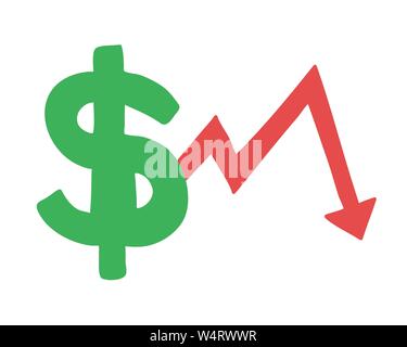 Vector hand-drawn illustration of dollar symbol with arrow moving down. Colored flat style. Stock Vector