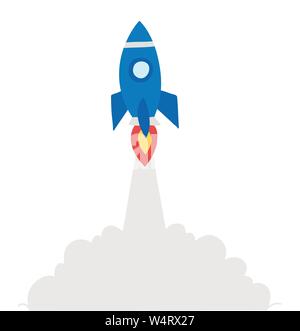 Vector hand-drawn illustration of rocket is flying. Colored flat style. Stock Vector