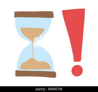 Vector hand-drawn illustration of sand watch with exclamation mark. Colored flat style. Stock Vector