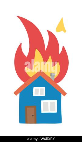 Vector hand-drawn illustration of house fire, detached house on fire. Colored flat style. Stock Vector