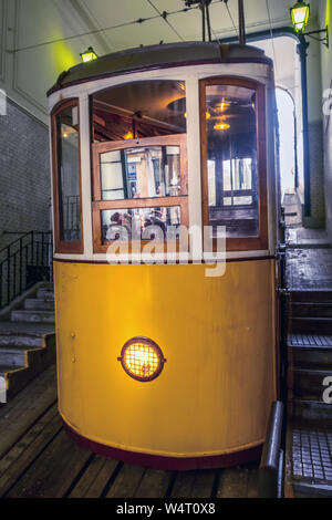 Lisbon, Portugal - March 29, 2018: Yellow funicular tram tram, symbol of Lisbon close-up view Stock Photo
