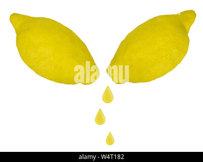 Lemon fruit halves, with drops like juice, isolated on white. Composite. Stock Photo