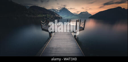 Observation deck by an alpine lake, Vitznau, Lucerne, Switzerland Stock Photo