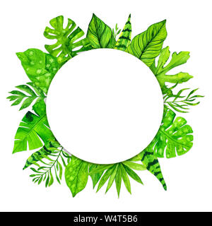 Tropical exotic leaves frame on white background. Watercolor illustration Stock Photo