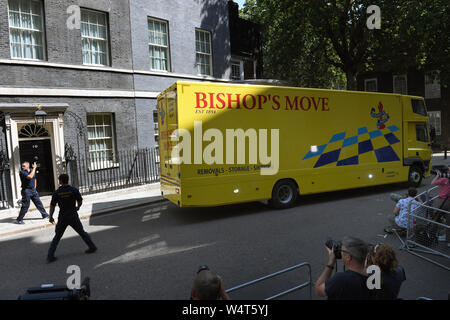 A removal van enters Downing Street a day after Boris Johnson became Prime Minister. Stock Photo