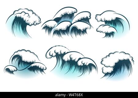 Hand Drawn Ocean or sea waves isolated on white background. Vector illustration. Stock Vector