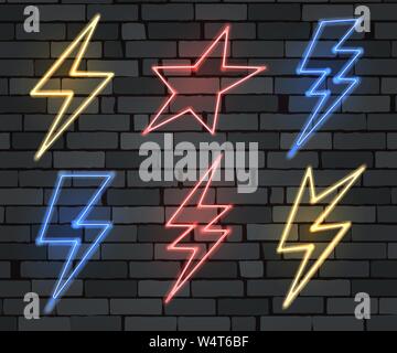 Neon lightning bolt sign set. Glowing electric flash and thunderbolt electricity power icons. Vector illustration. Stock Vector