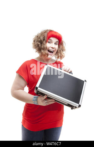 Girl wins lot of money in the suitcase Stock Photo