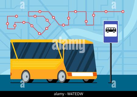 Yellow futuristic city transport bus on road near bus stop station sign on map with traffic navigation route location marker position scheme. Vector flat illustration for passenger traffic service Stock Vector