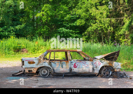 Burnt out car in the forest Stock Photo