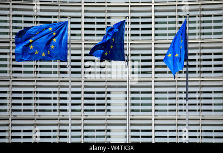 Belgium, Brussels: European flags in front of the Berlaymont building, headquarters of the European Commission. European Flag, consisting of a circle