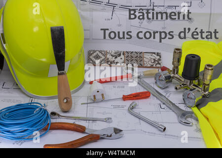 Building industry all specialities graphic resource with house plan security equipment and hardware (bâtiment tous corps d’état is building industry a Stock Photo