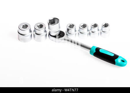 Our troubleshooting means no trouble for you. multi purpose tool kit. Chrome Vanadium Steel. metallized fix equipment. socket wrench isolated on white background. Iron tools set. copy space. Stock Photo