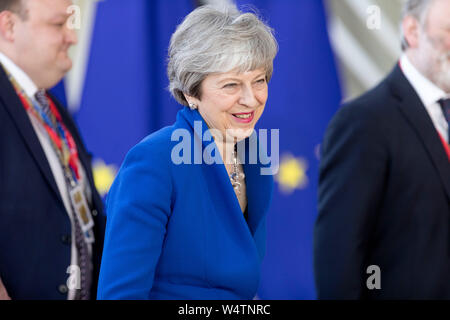 Belgium, Brussels, April 10th, 2019: European summit on Brexit, UK's leave from the European Union. British Prime Minister Theresa May arriving at the Stock Photo