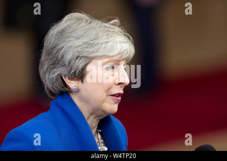 Belgium, Brussels, April 10th, 2019: European summit on Brexit, UK's leave from the European Union. British Prime Minister Theresa May arriving at the Stock Photo